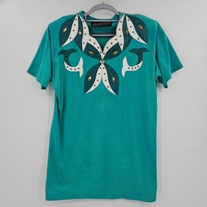 Vintage Nu Dimension Teal Cotton T-Shirt Leather Applique Studded Made in USA OS